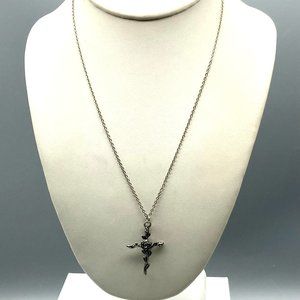 Cross and Rose Pendant Necklace, Gothic Minimalist on Delicate Silver Tone Chain